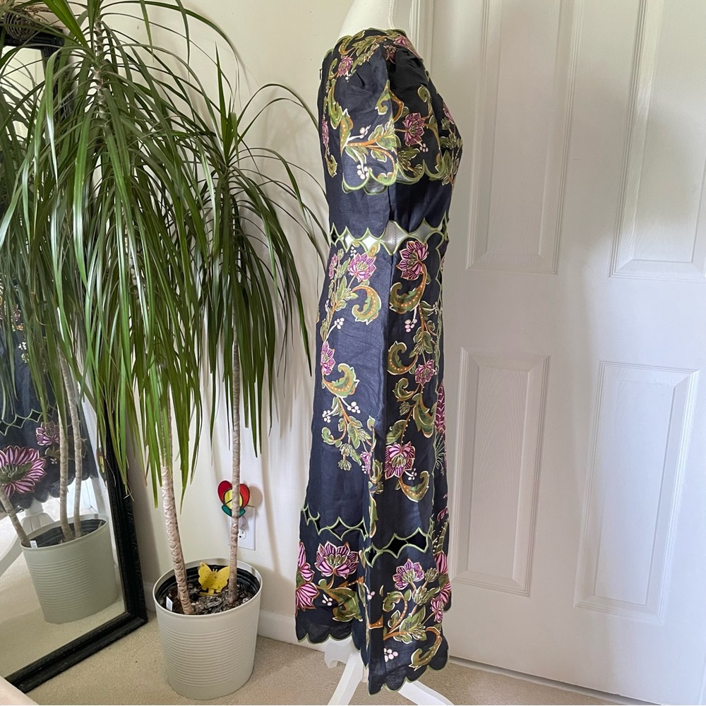 FARM Rio Ravenela Floral Embroidered Black Linen Midi Dress Women's Small NWT - Picture 14 of 16